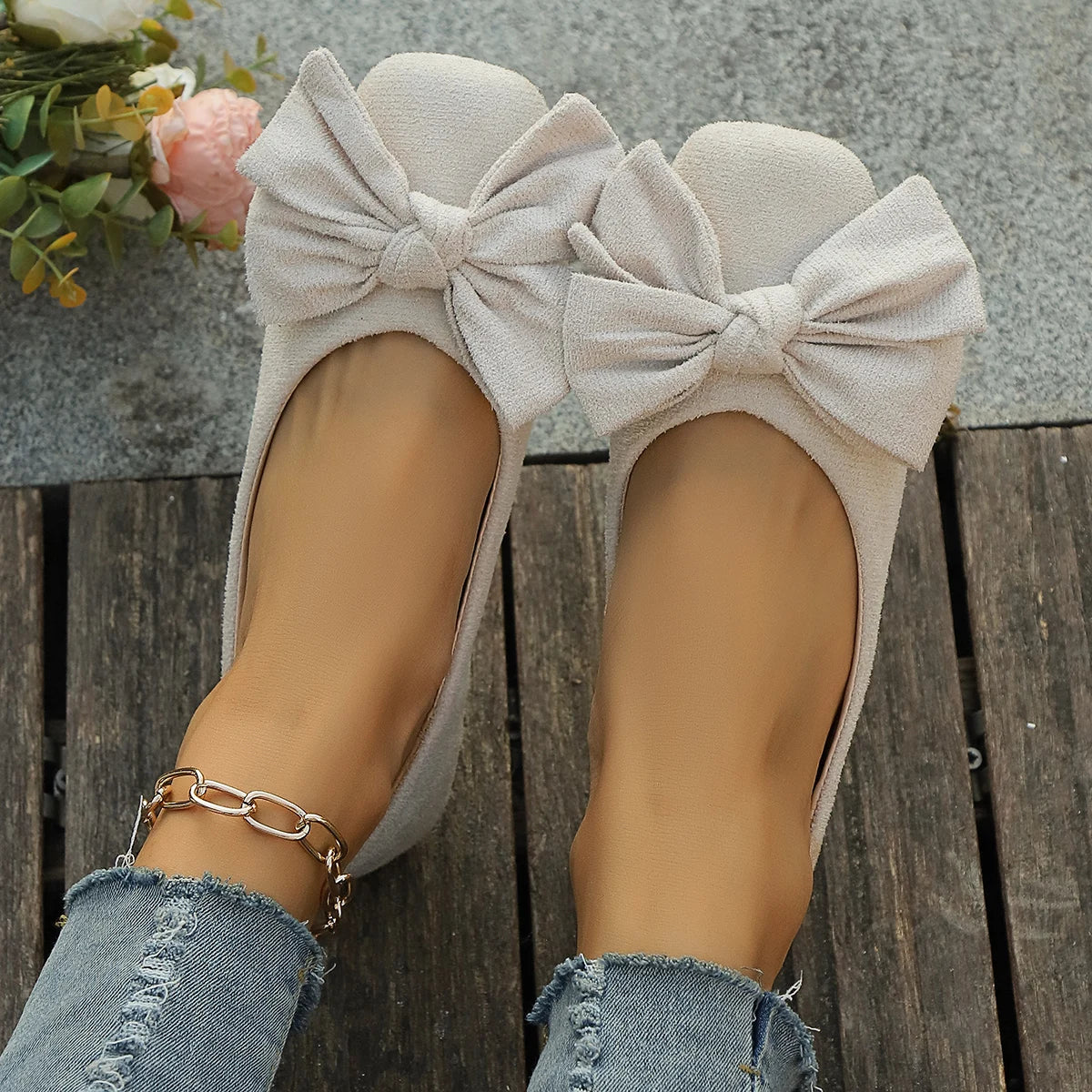 French-Style Square-Toe Elegant Women's Flat Shoes, Bow-Embellished Elegant Low-Cut Slip-On Shoes for Ladies
