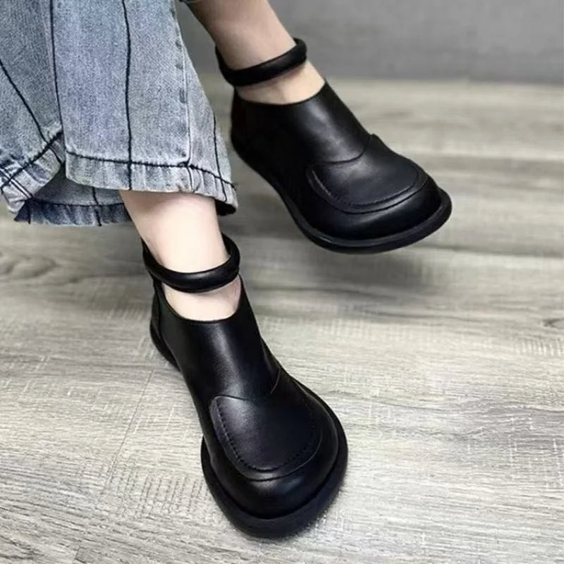 2025 Women's Soft Leather Ankle Boots Patch Round Toe Slip-On Casual Shoes Breathable Black Booties