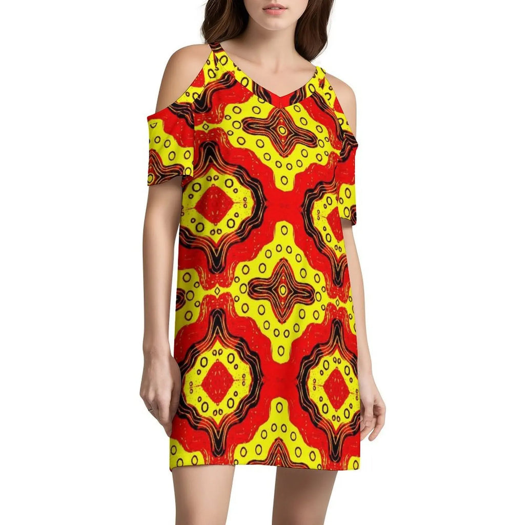 Pattern In Red And Yellow Women's Elegant Party Dress A-Line Dress With Short/Long/Sleeveless Options Pattern Red Yellow Red