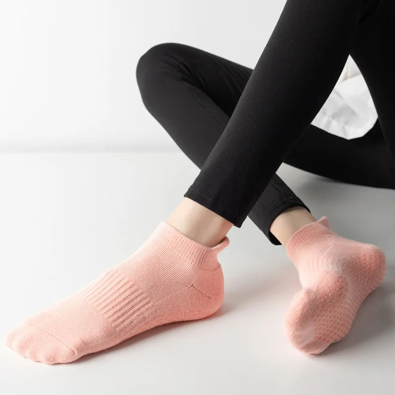 Women Yoga Socks Fitness Pilates Barre Gym Sports Dance Anti Slip Grip Silicone Towel Bottom Breathable Cotton Socks