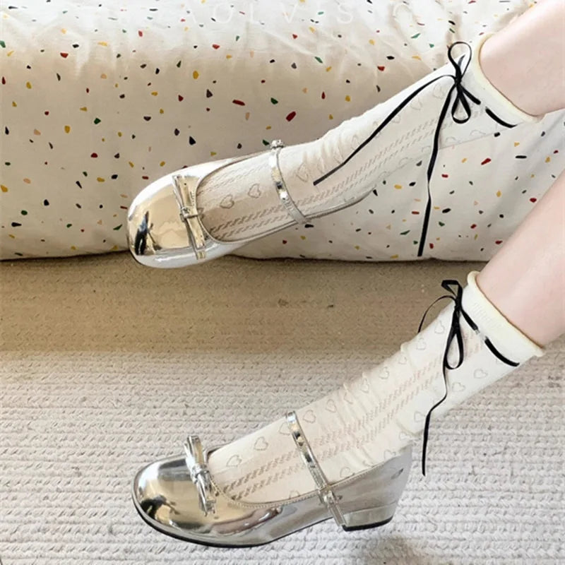 Spring Autumn Wine Red Mary Jane Shoes For Women Low Heel  Fashion Butterfly-knot Roud Toe Female Eelgant Dress Leather Shoes