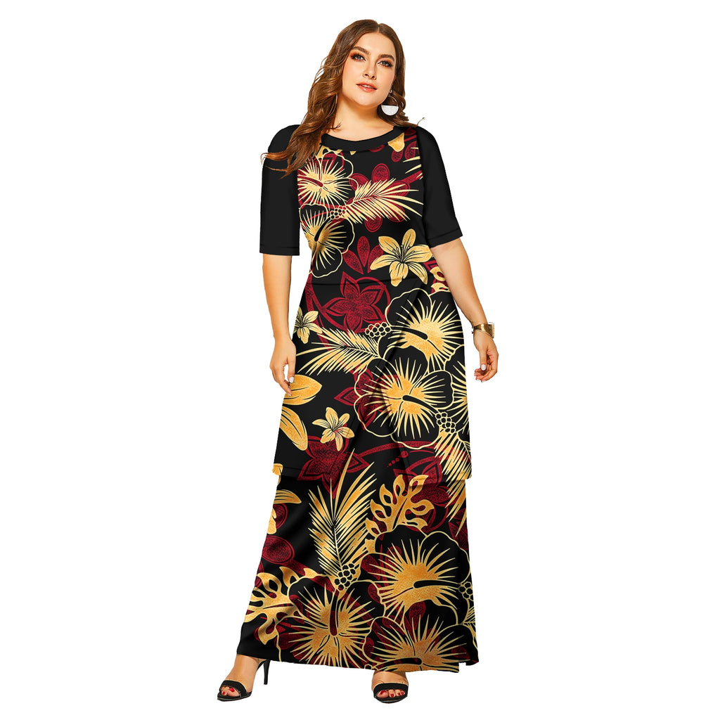 New Fashion Floral Sleeve Elegant Women Long Dress Pacific Island Hawaiian Beach Wear Puletasi Dresses