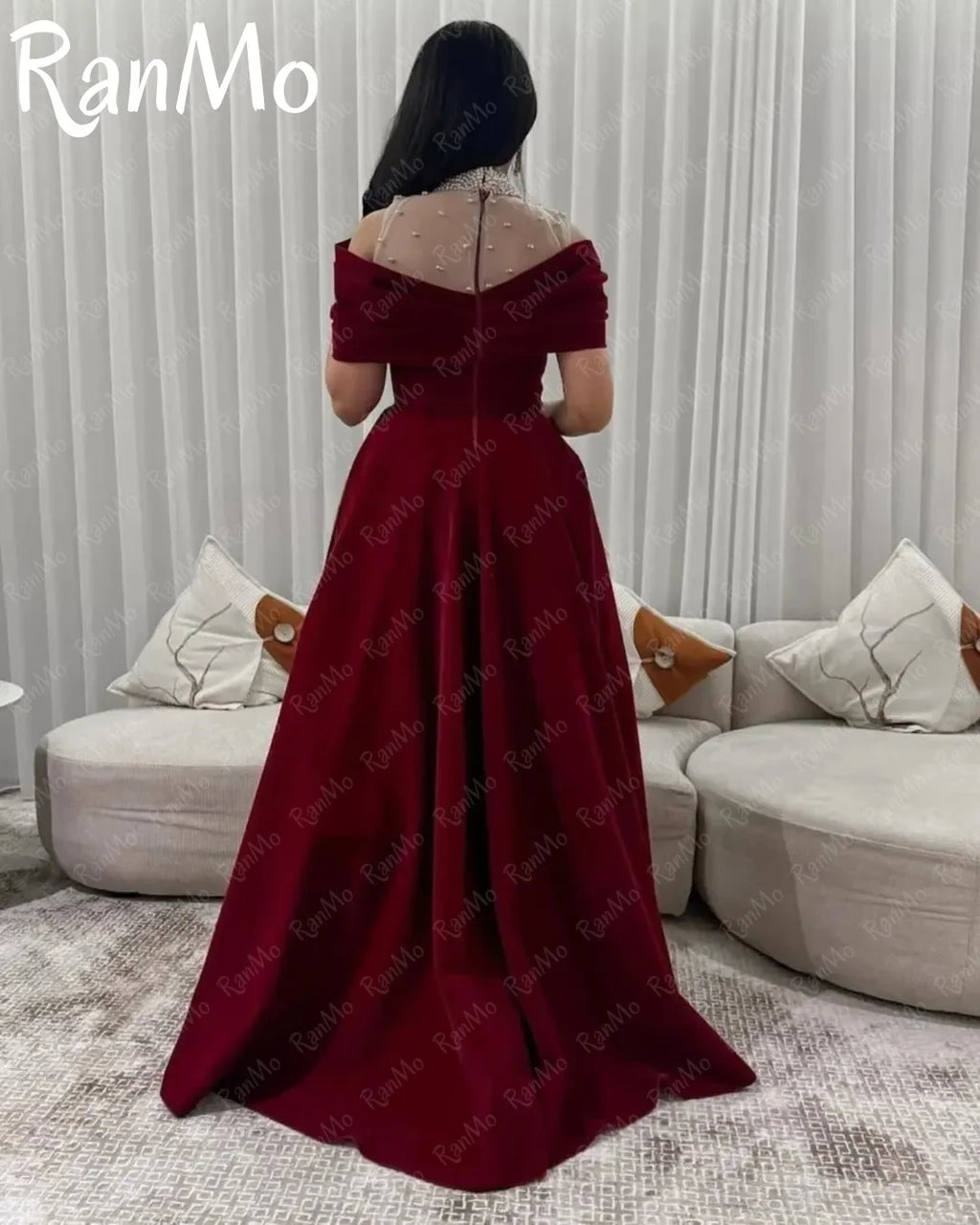 Ranmo 2025 Elegant Velvet Off Shoulder A-line Evening Dress Beading Short Sleeves Customized Dubai Mermaid Occasion Prom Dress