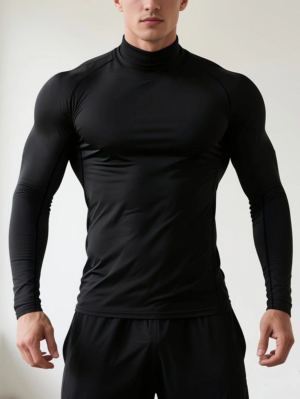 1-Piece Men’s Black Raglan Mock Neck Compression Sports Top, Lightweight Breathable Stretch Long Sleeve Activewear Training, men