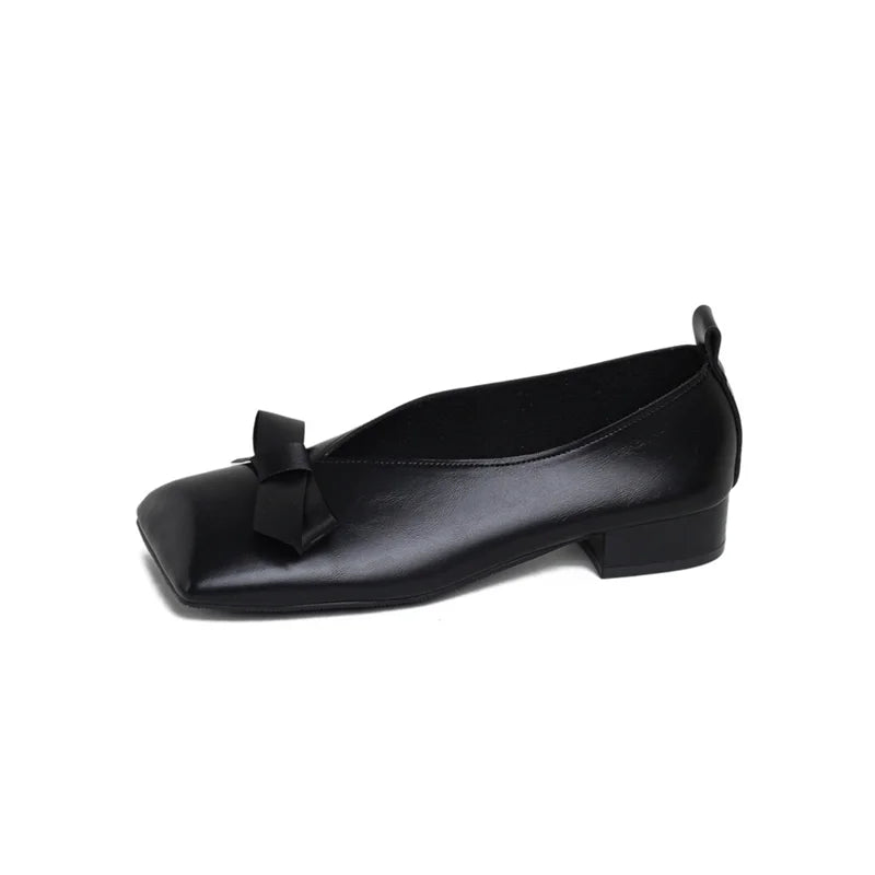 Fashion Women's Basic Black Soft Leather Ballet Shoes Flat Shoes Square Toe Shallow Bow Ballet Single Shoes
