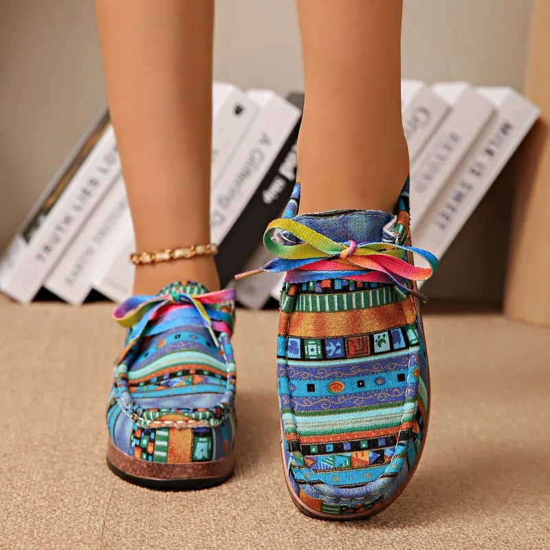 Ethnic style casual women's single shoes, colorful lace-up graffiti low-top shoes, comfortable round-toe women's shoes