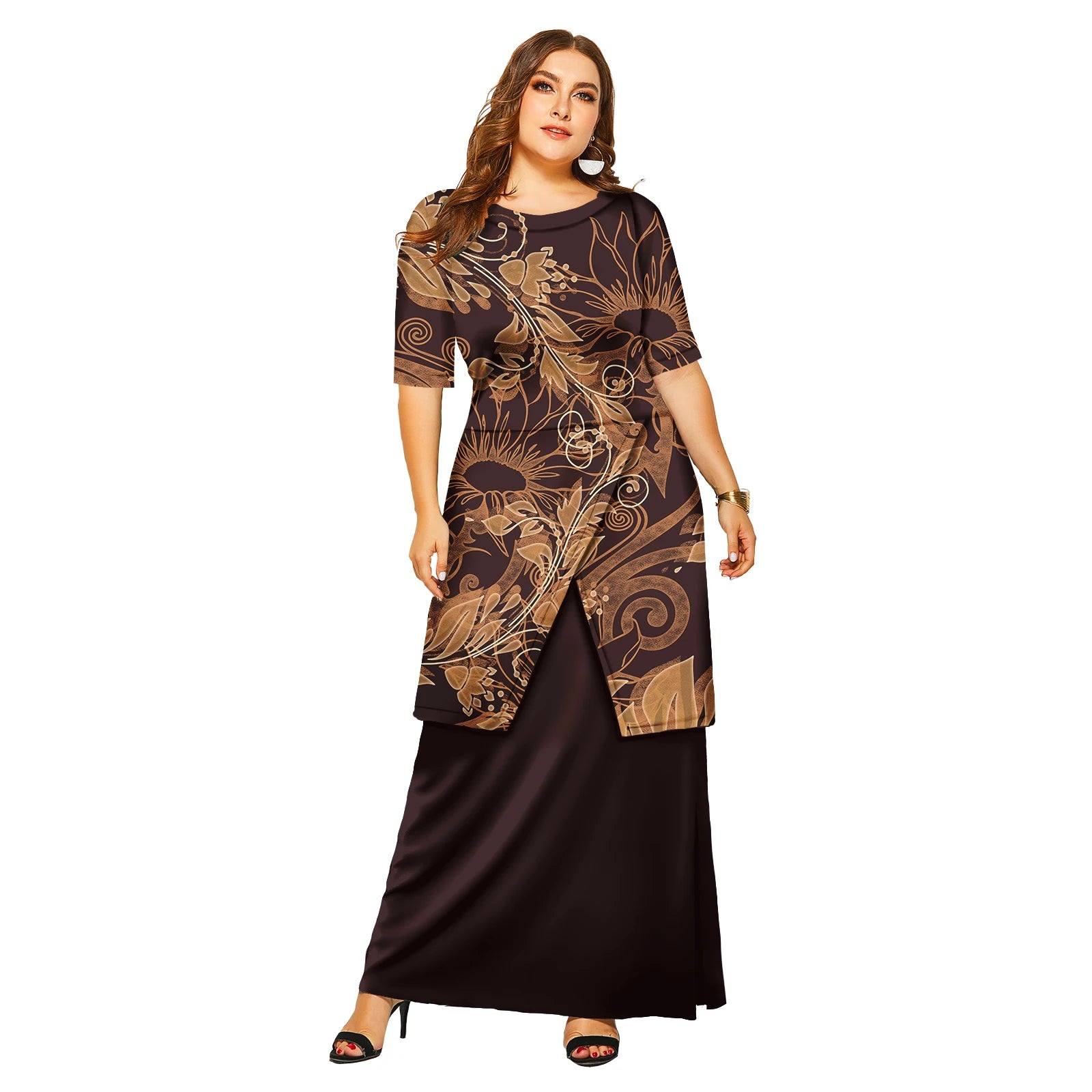 New Fashion Floral Sleeve Elegant Women Long Dress Pacific Island Hawaiian Beach Wear Puletasi Dresses