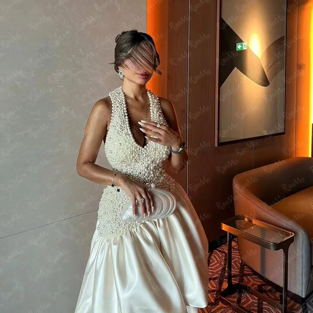 Ranmo Customized Luxury Sleeveless Halter Prom Dresses V-Neck Pearls Prom Dresses V Neck Pearls Backless Evening Party Dresses