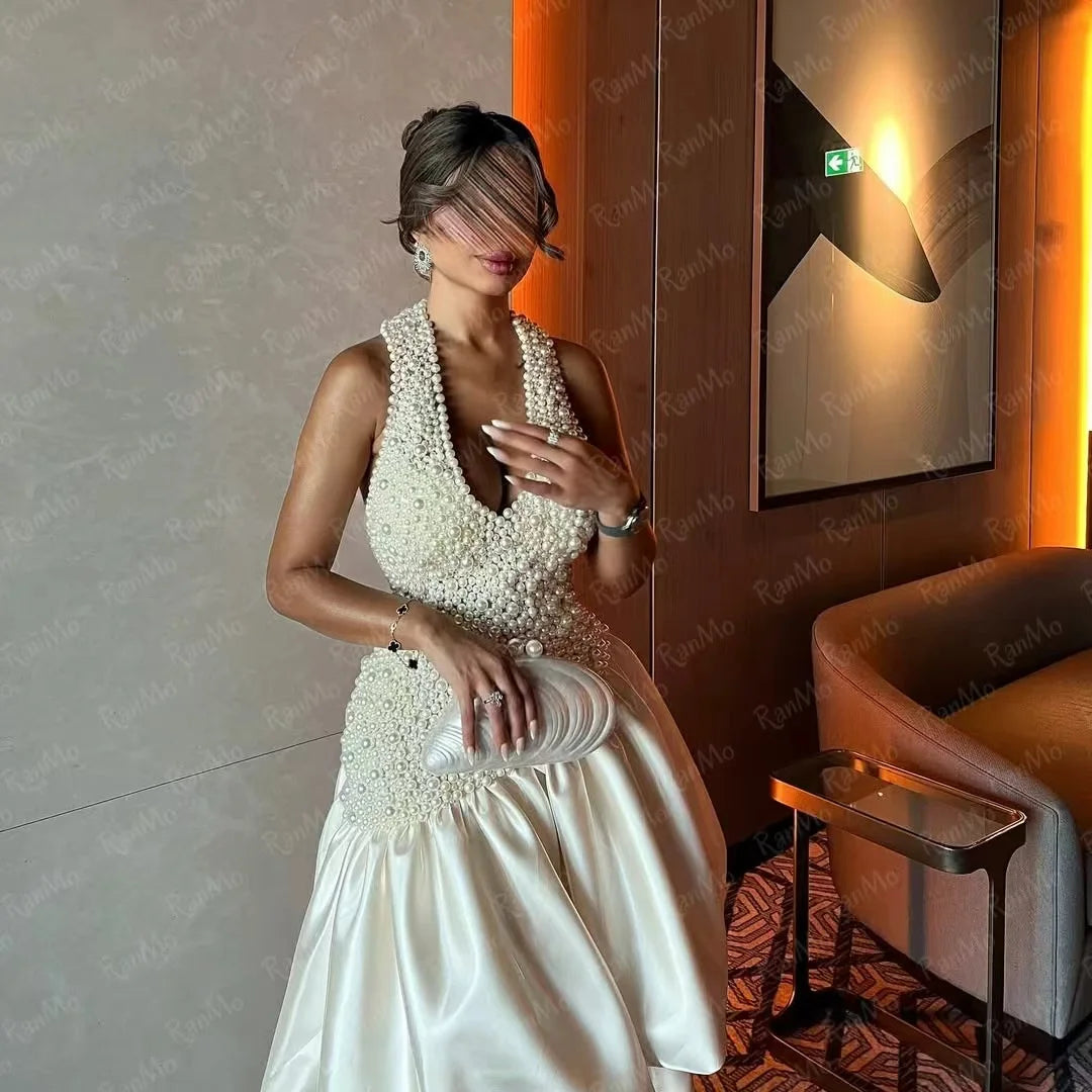 Ranmo Customized Luxury Sleeveless Halter Prom Dresses V-Neck Pearls Prom Dresses V Neck Pearls Backless Evening Party Dresses