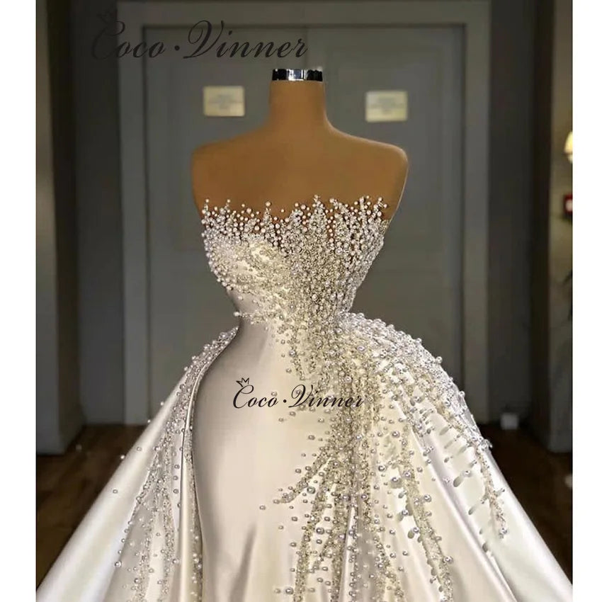 Customized Strapless Dubai 2025 New Two in one Wedding Dress Pearls Beading Mermaid Wedding Dresses With Detachable Skirt W1461