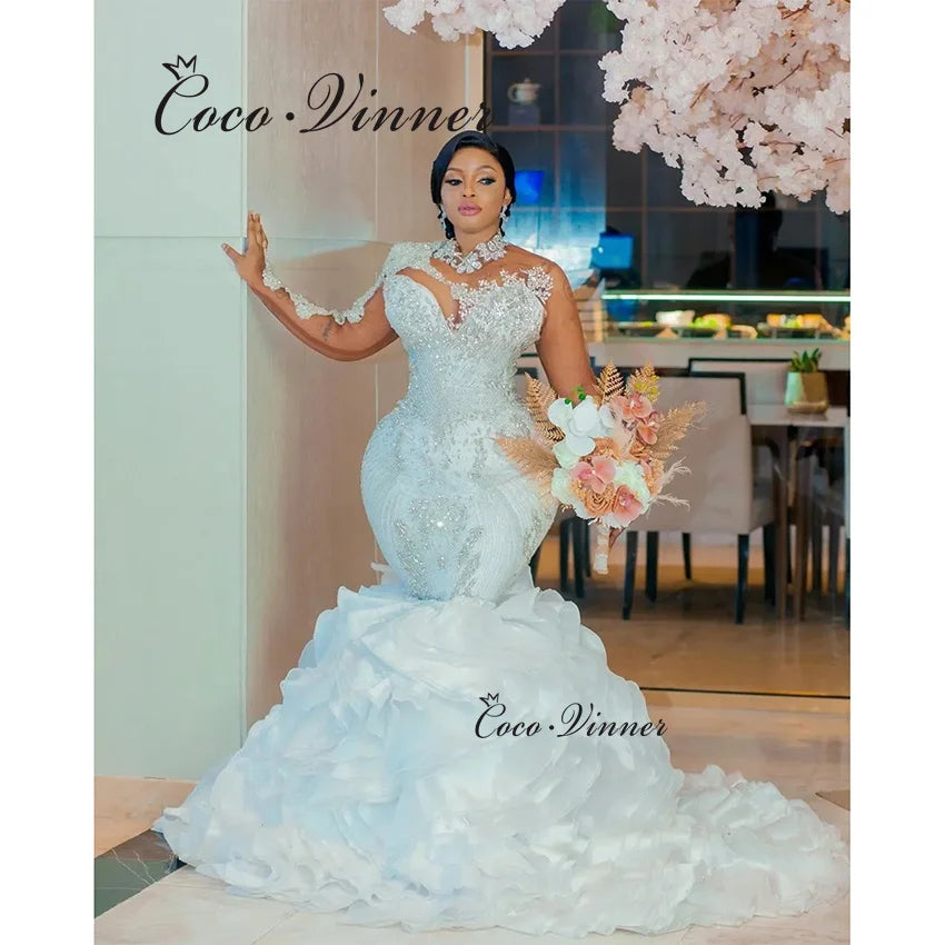 Customized High Neck  Africa Luxury Mermaid Wedding Dresses 2025 Detachable Ruffle Train Beaded Lace Wedding Dress Women W1433