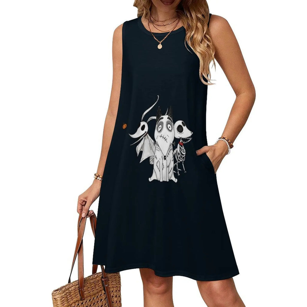 Zero Scraps And Sparky Dog Tim Burton Movies Women's Hip Hop Streetwear Dress Graphic Print Party Club Wear Corpse Bride Tim