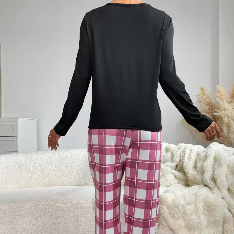2pcs Set Women's Pajamas Set Spring Autumn Soft Heart Print Top Plaid Pants Simple Design Homewear Loungewear Outfit