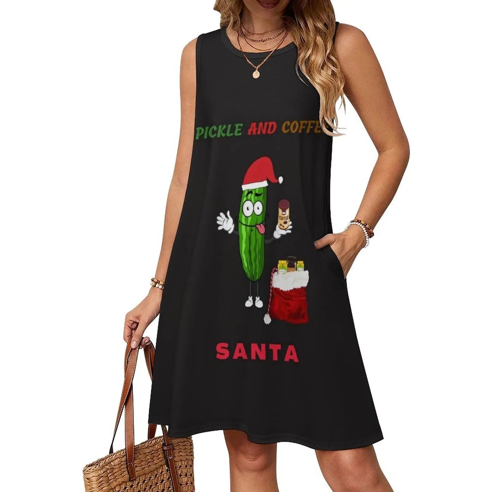 Pickle And Coffee Santa Preppy Style Mini Dress For Women A-Line Loose Fit Casual Day Dress Marvacousins246 Pickle Andhave A