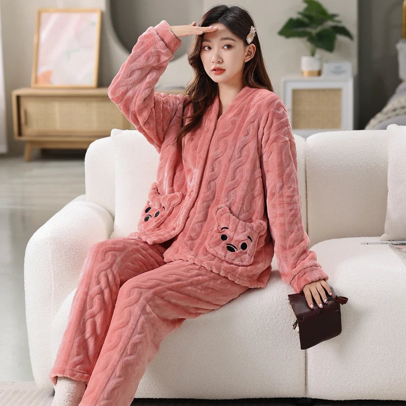Thickened Warm Coral Velvet Pyjamas Women's Autumn and Winter Cartoon Bear Print Striped Flannel Student Sleepwear Homewear