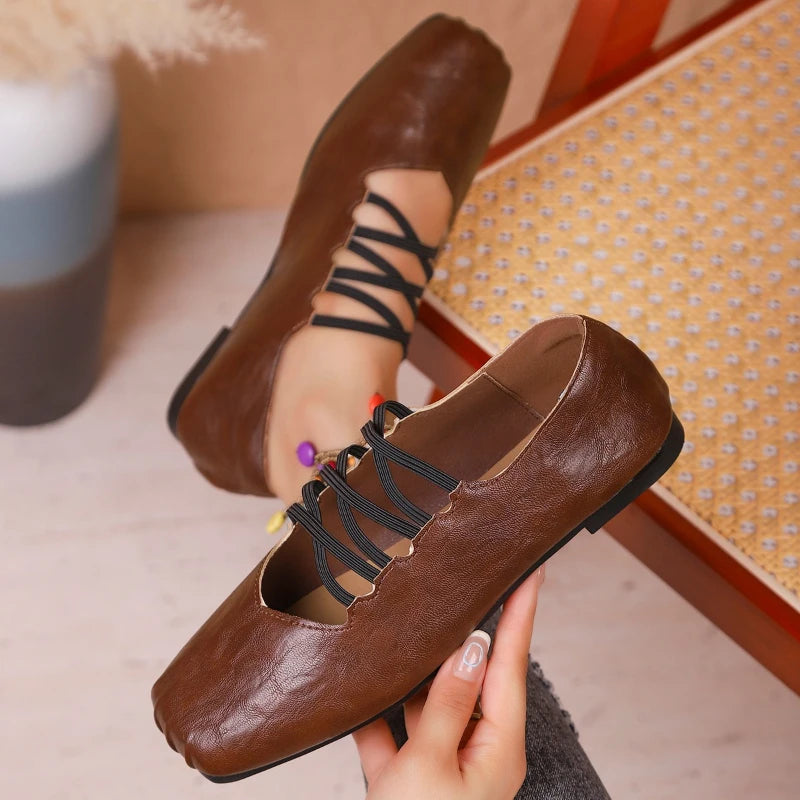 2026 New Retro Versatile Low-heel Lace-up Cuff Women's Flats Shoes for Women Large Size Square Toe Soft Bottom Ladies Shoes