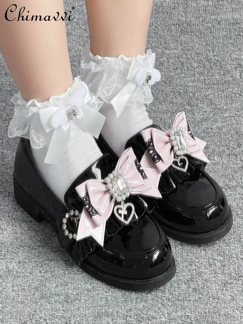 Original Japanese Mine Series Low Heel Leather Shoes Sweet Cool Girl Cute Bow Mass Production Loafers JK Student Single Shoes