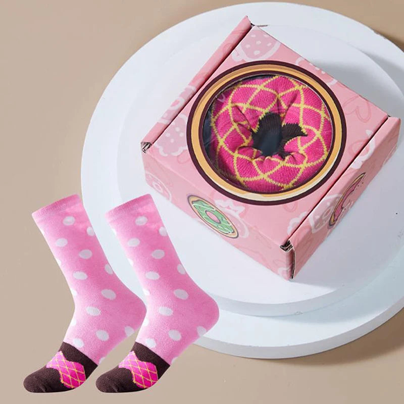 Mid-Calf Socks For Men And Women, Novelty And Fun Colorful Pink Donut Gift Box Socks, Comfortable And Breathable