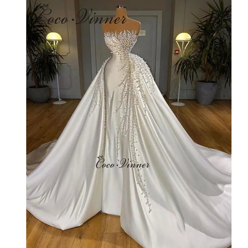 Customized Strapless Dubai 2025 New Two in one Wedding Dress Pearls Beading Mermaid Wedding Dresses With Detachable Skirt W1461