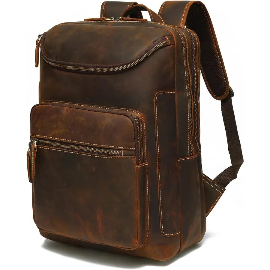 LANNSYNE Vintage Genuine Leather 16" Laptop Backpack For Men Hiking Travel Bag Camping Rucksack