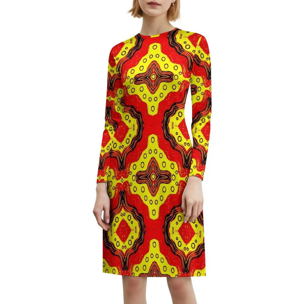 Pattern In Red And Yellow Women's Elegant Party Dress A-Line Dress With Short/Long/Sleeveless Options Pattern Red Yellow Red