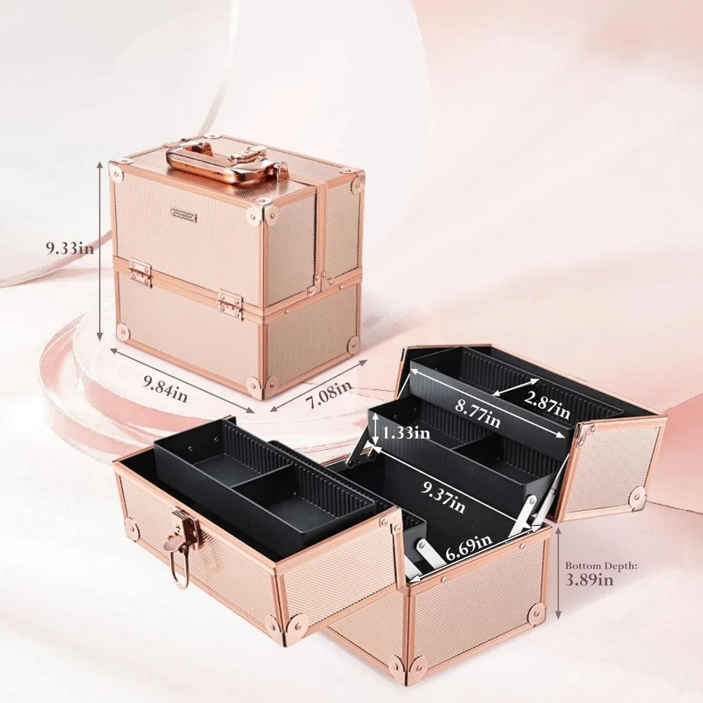 Portable Lockable Makeup Train Case with Dividers, Rose Gold Cosmetic Organizer for Travel & Storage