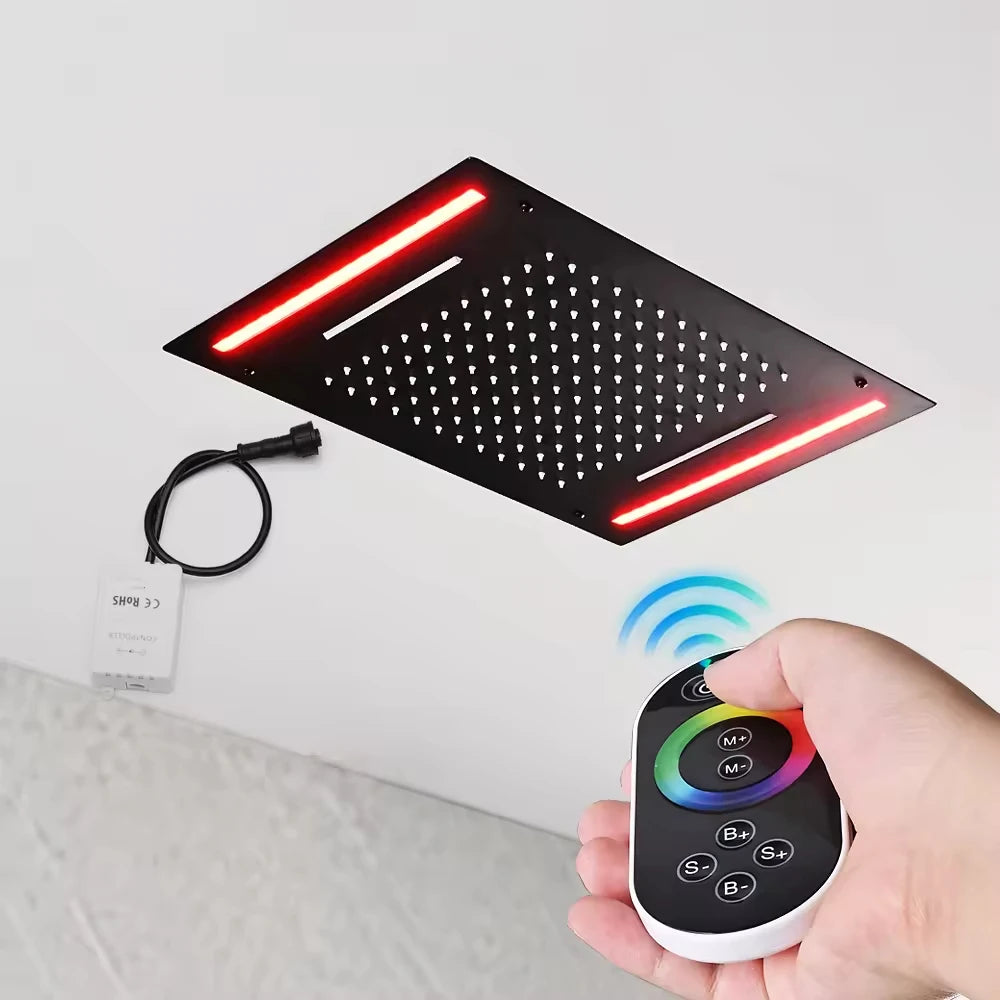 FEIDU Modern Black Wall-mounted LED Shower Head with Brass Remote Control Waterfall Design Bathroom Faucet Accessory