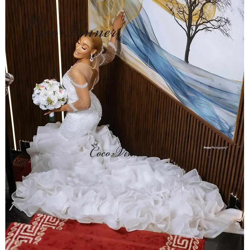 Customized Long Ruffle Train Wedding Dress Mermaid 2025 New 3 Quarter Sleeves Pearls Beading Mermaid Wedding Dresses Women W1486