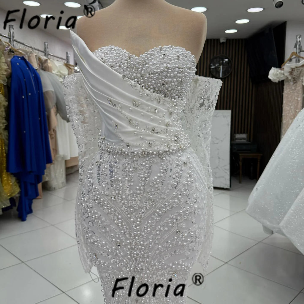 Luxury White Wedding Dress with Detachable Train Pearls Crystal Satin Mermaid Bride Party Gowns African Woman Vestidos de Gala