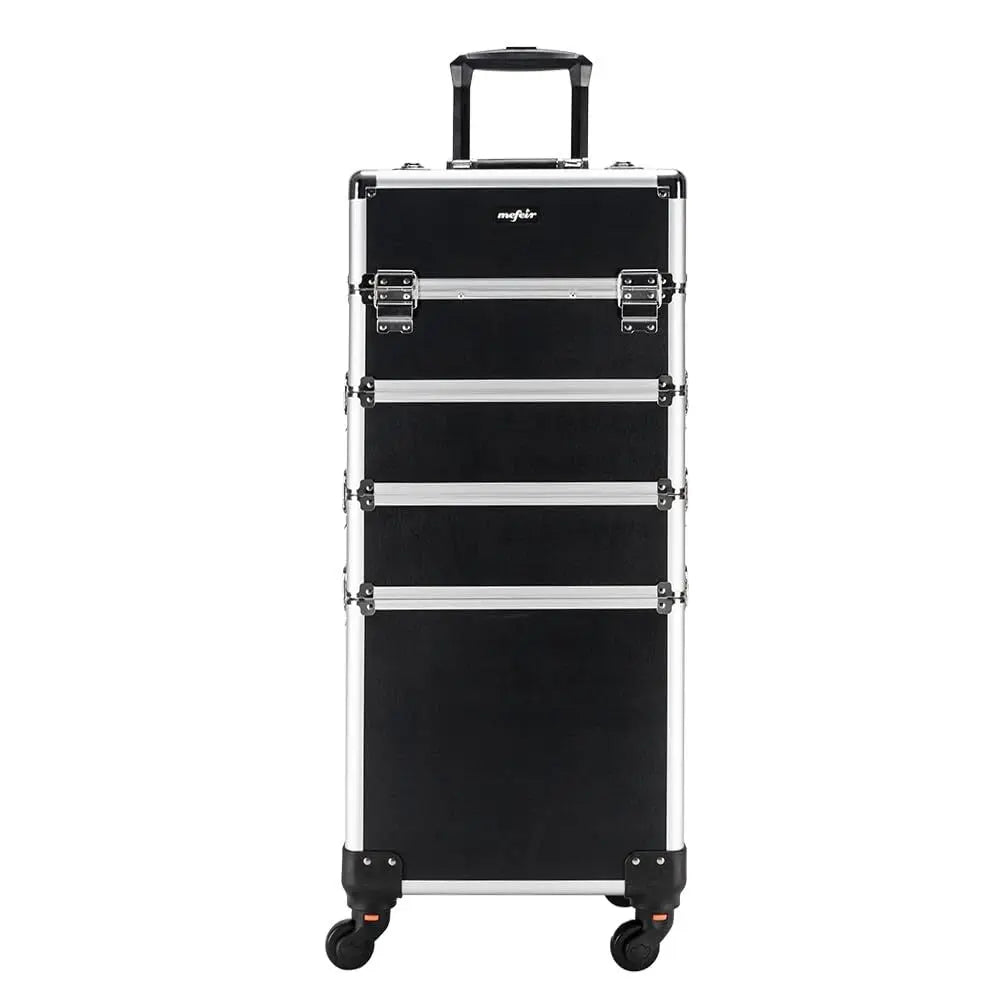 Aluminum 4-in-1 Rolling Makeup Train Case, Portable Travel Organizer with Wheels, Lockable Beauty Storage Suitcase (Black)