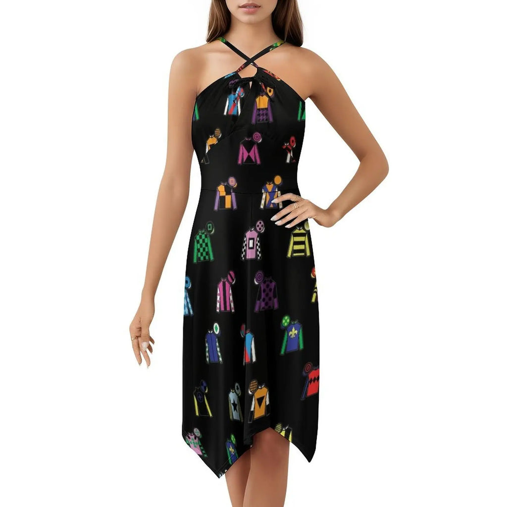 Horse Racing Jockey Silk Print Black Boho Chic Dress Elegant Fashion Beach Wedding Party Gown Horse Racing Derby Horse Racing