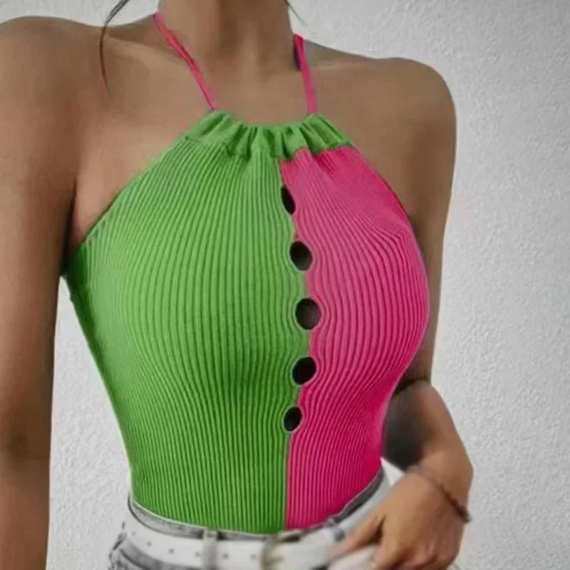 Women Summer Vest Top Sexy Halter Hollow Out Slim Fit Crop Top Knitted Camisole Top Lady Contrast Color Sleeveless Tank Tops