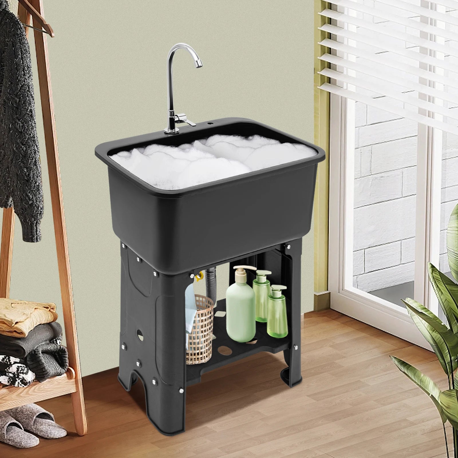 Freestanding Stainless-Steel Utility Sink with Storage Shelf with 360° Rotatable Faucet for Cleaning Clothes, Pets, Pots