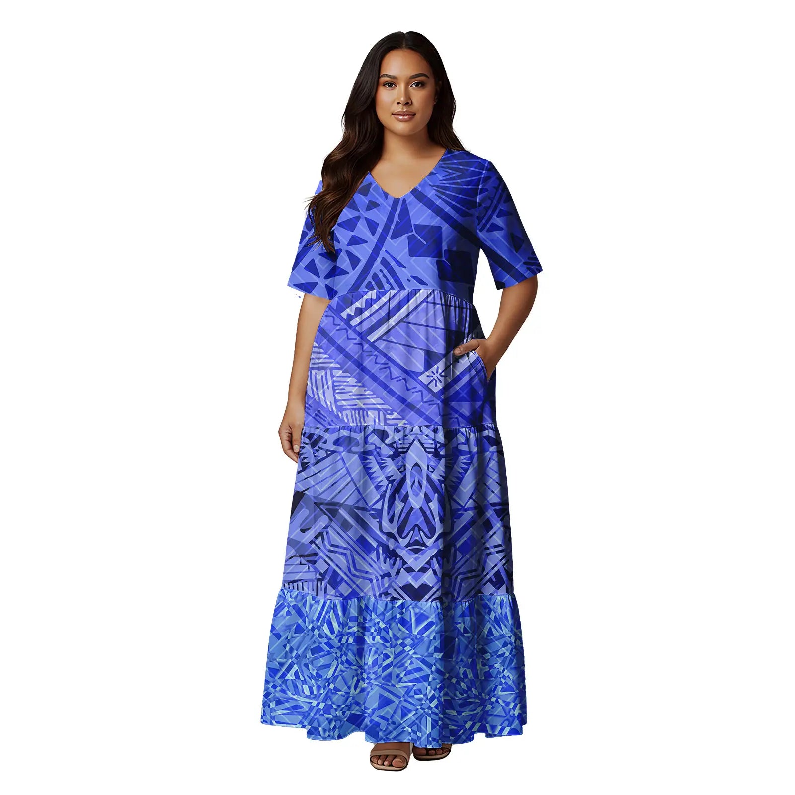 Short Sleeve Hawaii Tropical Floral Pattern Tiered Cake Dress Maxi Polynesian Clothing Tribal Is land Fiji Tonga Church Dress